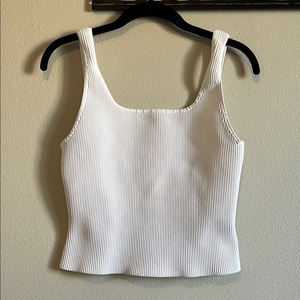 Aritzia Babaton White Ribbed Cropped Square Neck Tank Top
